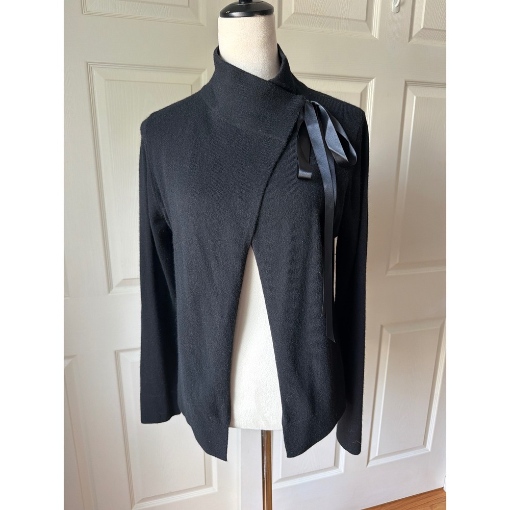 ISDA & CO Cashmere Cardigan Women L Black Ribbon Bow Wrap Mock Neck Balletcore